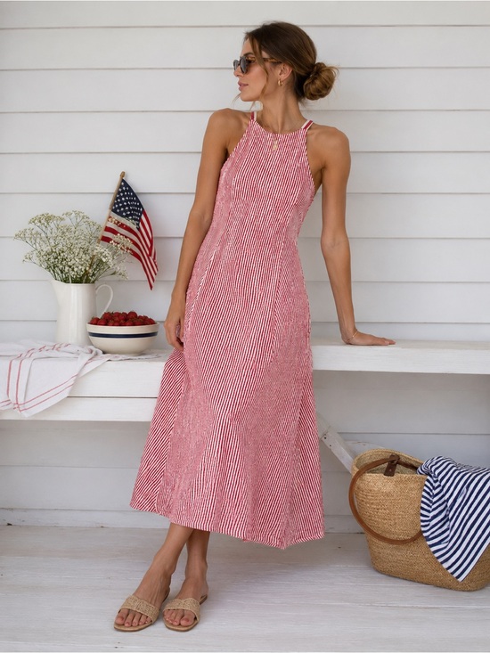 Zara Dresses & Skirts - Zara Red White Striped Lace-Up Back Midi Dress Size Small Coastal Cottagecore